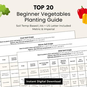 Könnte beinhalten: Digitaler Pflanzführer "TOP 20 Gemüse für Anfänger" mit Gemüseillustrationen. Enthält Informationen zu Bodentemperatur und Anbau in metrischen und imperialen Einheiten. Sofortiger digitaler Download.