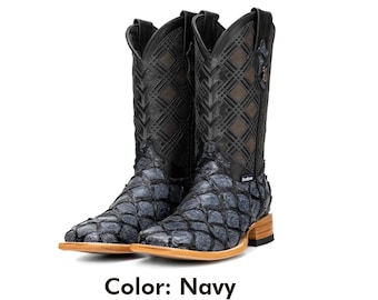 Exotic Pirarucu Leather Cowboy Boots: Square Toe Western Style (Navy)