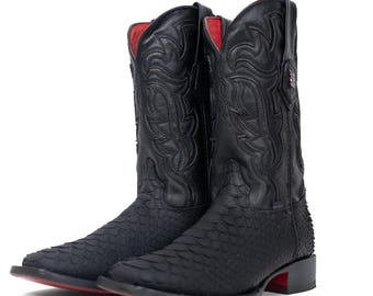 Botas vaqueras Bruce Mini Shelby Python con suela roja y punta cuadrada - Negro mate - Talla 6 / Botas de cuero negro con punta cuadrada / Botas vaqueras duraderas