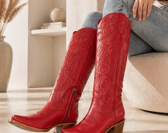 Red Knee High Cowgirl Boots Women, Snip Toe Western Boots, Red Bottom Cowboy Boots, Wide Calf Western Boot, Statement Rodeo Boots