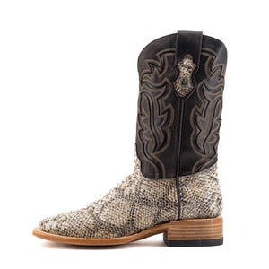May include: A tall cowboy boot with a snakeskin pattern on the foot and a black leather upper. The boot features decorative stitching and a square toe. The heel is approximately 1.5 inches high.