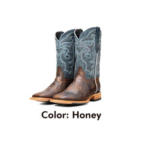 May include: A pair of honey-coloured cowboy boots with a square toe. The boots feature a teal shaft with intricate light blue stitching and a brown leather foot. The text "Color: Honey" is displayed below the boots.