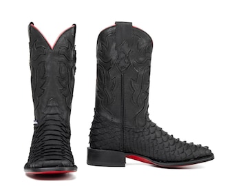 Black Python Leather Cowboy Boots | Square Toe, Red Bottom Western Style