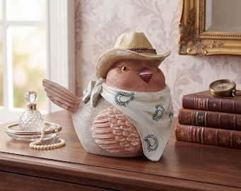 Cowgirl Bird Piggy Bank Western Howdy Hat & Scarf Coin Bank Decor