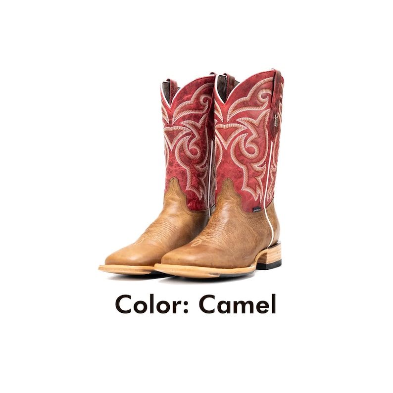 May include: A pair of camel-coloured cowboy boots. The boots have red and white decorative stitching on the upper shaft, a square toe, and a stacked heel. The text "Color: Camel" is at the bottom.