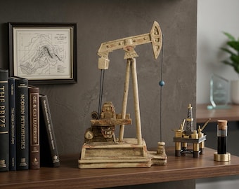 Rustic Oil Derrick Pumpjack Figurine Faux Wood Cream Finish Western Decor