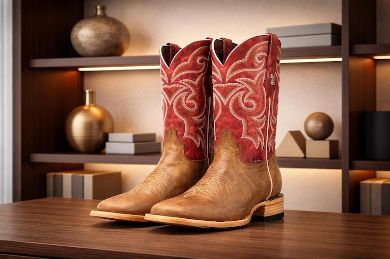 Heritage Leather Square Toe Cowboy Boots – Western Rodeo Style Camel Color image 1