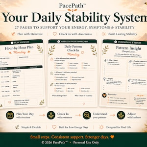 May include: A digital planner titled "Your Daily Stability System" with a nature-themed design. The planner includes sections for daily planning, self-awareness, and pattern insights. The text includes "Plan Your Day," "Check In," and "Understand Your Patterns."