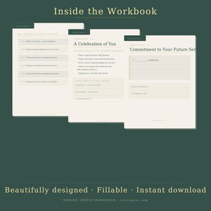 May include: A workbook with pages titled "Inside the Workbook", "A Celebration of You", and "Commitment to Your Future Self". The pages have text and fillable sections. The bottom of the image reads "Beautifully designed &bull; Fillable &bull; Instant download".