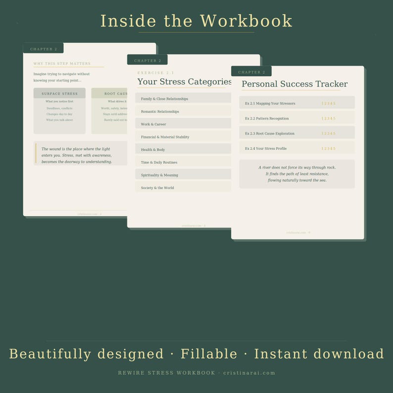 May include: A workbook with three open pages, featuring text and lists. The pages are titled "Inside the Workbook," "Your Stress Categories," and "Personal Success Tracker." The design is minimalist with a green and white color scheme. The bottom of the image reads "Beautifully designed &bull; Fillable &bull; Instant download."