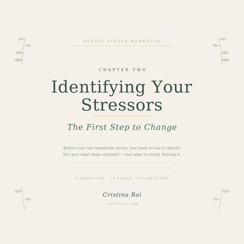 May include: A workbook cover with the title "Identifying Your Stressors." The text is in a dark green font on a cream background. The workbook is part of the "Rewire Stress Workbook" series and includes 4 exercises and 11 pages.