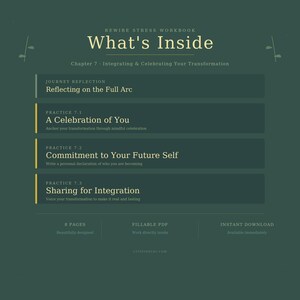May include: A digital workbook titled "What's Inside" with a dark green background. The workbook includes sections on transformation, reflection, and mindful celebration. The text is in white and gold, with the words "What's Inside" prominently displayed.