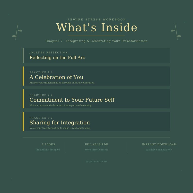 May include: A digital workbook titled "What's Inside" with a dark green background. The workbook includes sections on transformation, reflection, and mindful celebration. The text is in white and gold, with the words "What's Inside" prominently displayed.