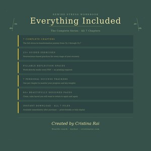 K&ouml;nnte beinhalten: Ein digitales Arbeitsbuch mit dem Titel &bdquo;Everything Included&ldquo; mit dunkelgr&uuml;nem Hintergrund. Der Text hebt Funktionen wie 7 komplette Kapitel, 25+ gef&uuml;hrte &Uuml;bungen und sofortigen Download hervor. Erstellt von Cristina Rai.
