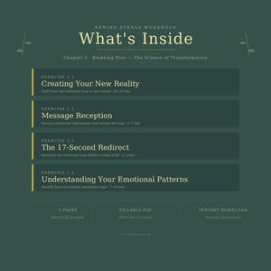 May include: A digital workbook titled "What's Inside" with a green background. The workbook includes exercises on emotional patterns, reality creation, and message reception. It is a fillable PDF with 9 pages and an instant download.