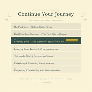 May include: A workbook titled "Continue Your Journey" with the text "Rewire Stress Workbook" at the top. The workbook's chapters are listed, including "Breaking Free - The Science of Transformation." The author's name, Cristina Rai, is at the bottom.