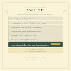 May include: A workbook titled "Rewire Stress Workbook" with the text "You Did It." The cover lists seven chapters, including "Integrating & Celebrating Your Transformation." The design is cream-colored with green accents and text.