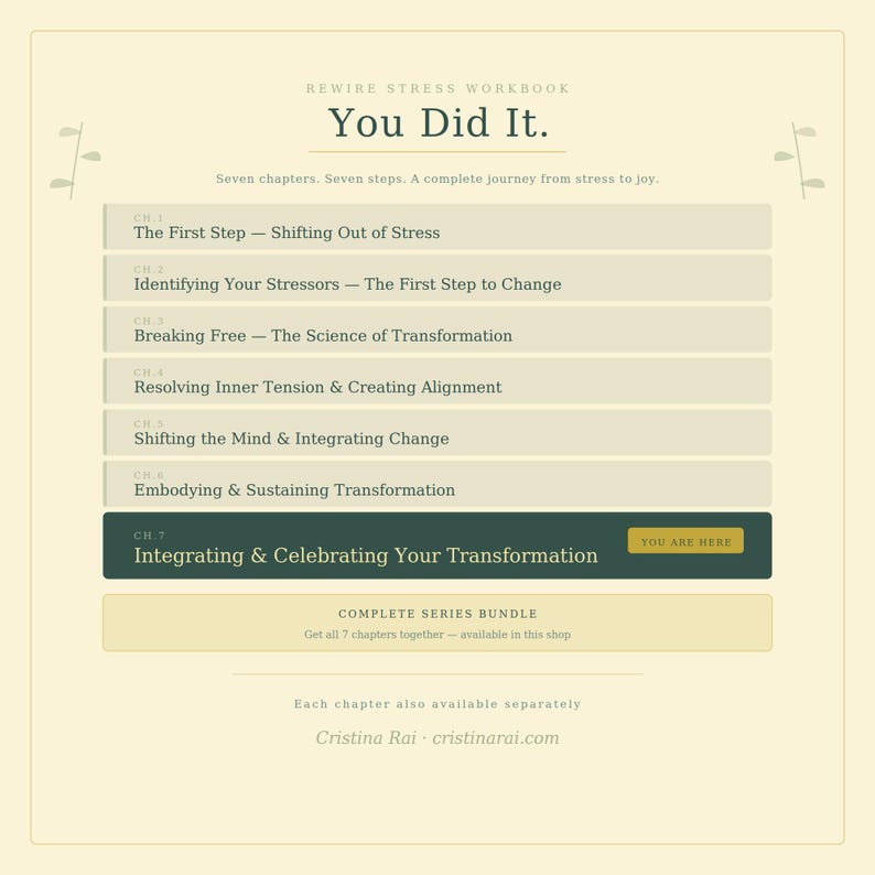 May include: A workbook titled "Rewire Stress Workbook" with the text "You Did It." The cover lists seven chapters, including "Integrating & Celebrating Your Transformation." The design is cream-colored with green accents and text.