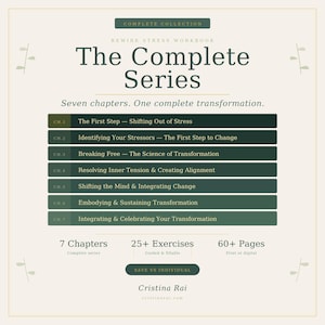 K&ouml;nnte beinhalten: Ein Arbeitsbuch mit dem Titel "The Complete Series" und dem Untertitel "Rewire Stress Workbook". Das Cover zeigt einen Text mit sieben Kapiteln, &uuml;ber 25 &Uuml;bungen und &uuml;ber 60 Seiten. Die Kapitel des Arbeitsbuchs sind mit Titeln wie "Shifting Out of Stress" versehen.