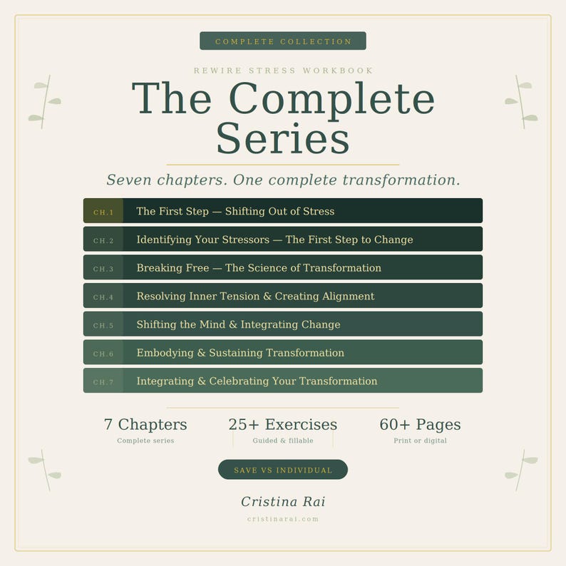 K&ouml;nnte beinhalten: Ein Arbeitsbuch mit dem Titel "The Complete Series" und dem Untertitel "Rewire Stress Workbook". Das Cover zeigt einen Text mit sieben Kapiteln, &uuml;ber 25 &Uuml;bungen und &uuml;ber 60 Seiten. Die Kapitel des Arbeitsbuchs sind mit Titeln wie "Shifting Out of Stress" versehen.