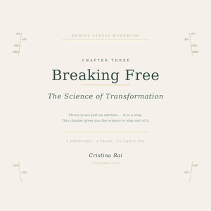 K&ouml;nnte beinhalten: Eine cremefarbene Arbeitsbuchseite mit dem Titel "Breaking Free" und dem Untertitel "The Science of Transformation". Der Text erkl&auml;rt, wie man aus Stress aussteigt. Der Name des Autors und die Website sind ebenfalls enthalten.