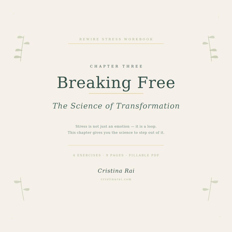 K&ouml;nnte beinhalten: Eine cremefarbene Arbeitsbuchseite mit dem Titel "Breaking Free" und dem Untertitel "The Science of Transformation". Der Text erkl&auml;rt, wie man aus Stress aussteigt. Der Name des Autors und die Website sind ebenfalls enthalten.