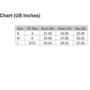 Puede incluir: Una tabla blanca con texto negro titulada "Women's Size Chart (US Inches)". La tabla enumera las tallas S, M y L con las tallas estadounidenses correspondientes, las medidas de busto, cintura y cadera en pulgadas.