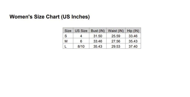 Puede incluir: Una tabla blanca con texto negro titulada "Women's Size Chart (US Inches)". La tabla enumera las tallas S, M y L con las tallas estadounidenses correspondientes, las medidas de busto, cintura y cadera en pulgadas.