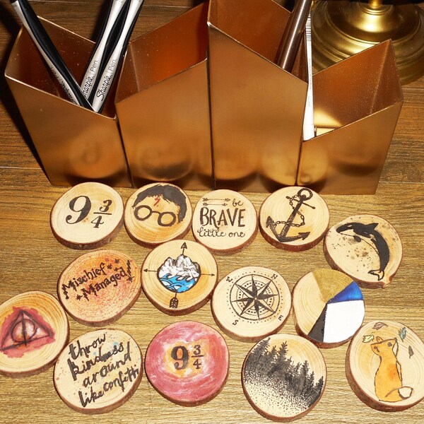 Small Wood  Round Magnets 1.5-2" CHOOSE YOURS - Live Edge, Variety, Harry Potter, Mountains, Orca, Fox, Compass, Arrow
