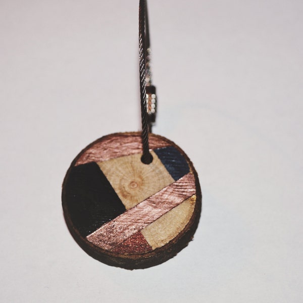 Cross-Stitched - Black, Rose gold, and gray Geometric Wood Slice Keychain -- wooden keychain, live edge, tree keychain, wood round keychain