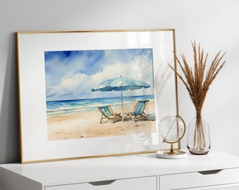 Blue Beach Chairs - Textured Watercolor Print With Archival Ink