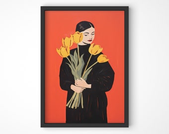 Woman with Yellow Flowers Portrait Poster - Minimalist Room Decor Art