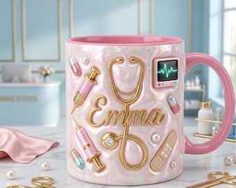 Personalized Medical Nurse Mug with Name, Stethoscope Coffee Mug, Cute Gift for Nurse Practitioner or Healthcare Worker