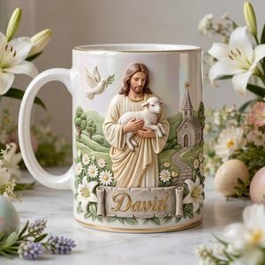 Gepersonaliseerde christelijke mok, koffiemok Jezus met lam, aangepaste naam geloofscadeau, religieus cadeau voor hem, spirituele mok