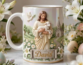 Personalized Christian Mug, Jesus Holding Lamb Coffee Mug, Custom Name Faith Gift, Religious Gift for Him, Spiritual Mug