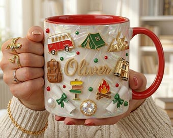 Taza de camping personalizada con nombre, regalo de aventura al aire libre para él, taza de café para campistas, taza de viaje para senderismo, regalo personalizado para fogatas