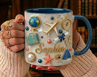 Taza de viaje personalizada con nombre, regalo de aventura en avión para ella, taza de café para amantes de los viajes, taza personalizada para viajeros, regalo de vacaciones