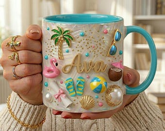 Taza de viaje personalizada con nombre, regalo de vacaciones para él o ella, taza de café para aventuras de verano, taza personalizada para amantes de los viajes a la playa.