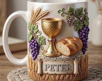 Personalized Christian Communion Mug, Custom Name Peter Cup, Eucharist Bread Wine Design, Religious Gift for Church, Faith Coffee Mug