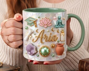 Taza de yoga personalizada con nombre, regalo de meditación espiritual para ella, taza de café de bienestar personalizada, regalo zen para graduada.