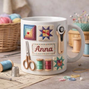 Puede incluir: Taza de cerámica blanca decorada con aplicaciones temáticas de acolchado, que incluyen cuadrados de edredón coloridos, tijeras y carretes de hilo. La taza tiene el nombre "Anna" bordado y un cortador rotatorio adjunto. Un regalo encantador para las edredonistas.