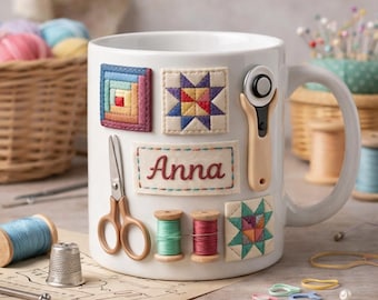 Personalized Quilting Mug, Custom Name Quilter Mug, Sewing Patchwork Coffee Cup, Quilter Gift, Craft Lover Mug