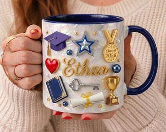 Gepersonaliseerde afstudeermok met naam, aangepaste Ethan Grad-koffiemok, klasse van 2026 cadeau, gefeliciteerd afgestudeerde beker, prestatiecadeau