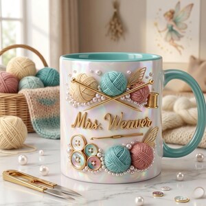 May include: A white ceramic mug with a teal handle and rim, decorated with yarn balls, knitting needles, buttons, and the text "Mrs. Weaver" in gold. A basket of yarn and gold scissors are in the background. The mug is adorned with faux pearls.