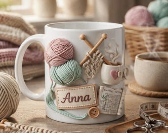 Personalized Knitting Mug, Custom Name Yarn Mug, Knitter Gift, Crochet Coffee Cup, Craft Lover Mug
