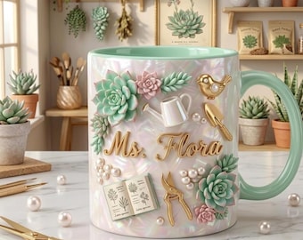 Personalized Succulent Mug with Name, Custom Plant Lover Coffee Mug, Cute Gardening Gift for Women, Succulent Garden Gift Cup