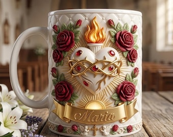 Personalized Sacred Heart Mug, Custom Catholic Coffee Mug with Name, Christian Faith Gift, Religious Gift for Her, Jesus Heart Mug