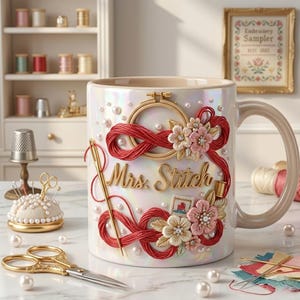 Personalized Embroidery Mug, Custom Stitch Name Cup, Needlework Coffee Mug, Floral Sewing Mug, Handmade Craft Gift, Seamstress Gift 1