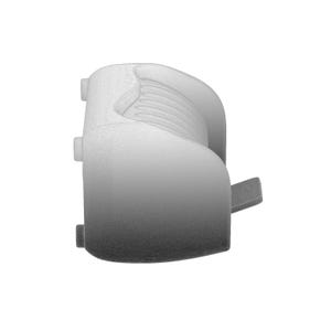 May include: A grayscale, curved plastic object with a textured surface. The object has a rounded top with a series of parallel lines and a small rectangular tab extending from the side. Two small cylindrical protrusions are visible.