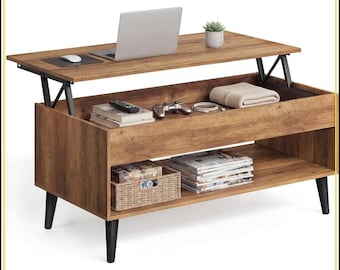 Mesa de centro con tapa elevable, escritorio y comedor convertibles, color marrón miel, estilo moderno de mediados de siglo (con almacenamiento oculto).